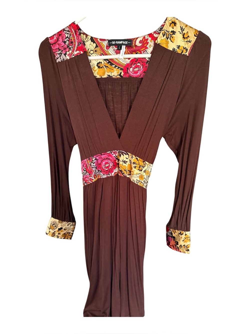 Rampage Vintage Brown Dress with Pink & Yellow Floral Accents Sz. L